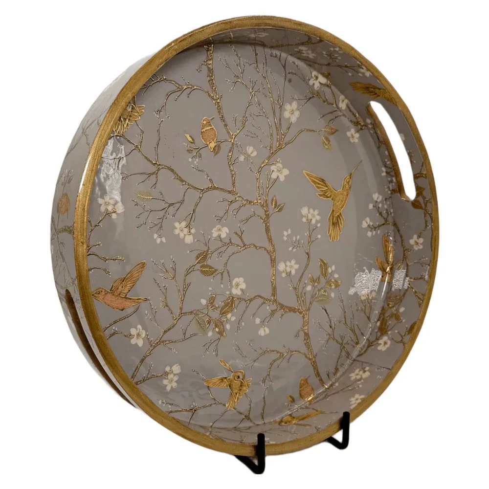 Premium 12 Inch Round Wooden Serving Tray with Handles | Printed Round Wooden Tray for Home & Snacks