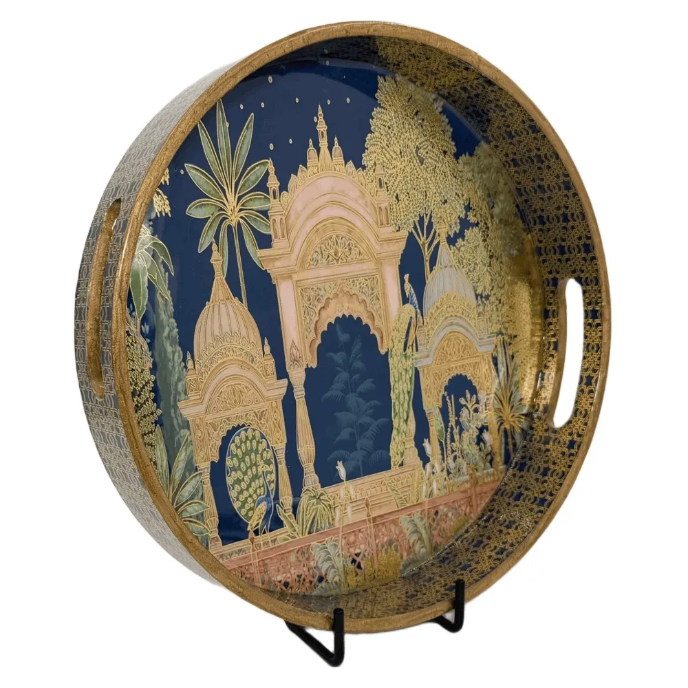 Premium 12 Inch Round Wooden Serving Tray with Handles | Printed Round Wooden Tray for Home & Snacks