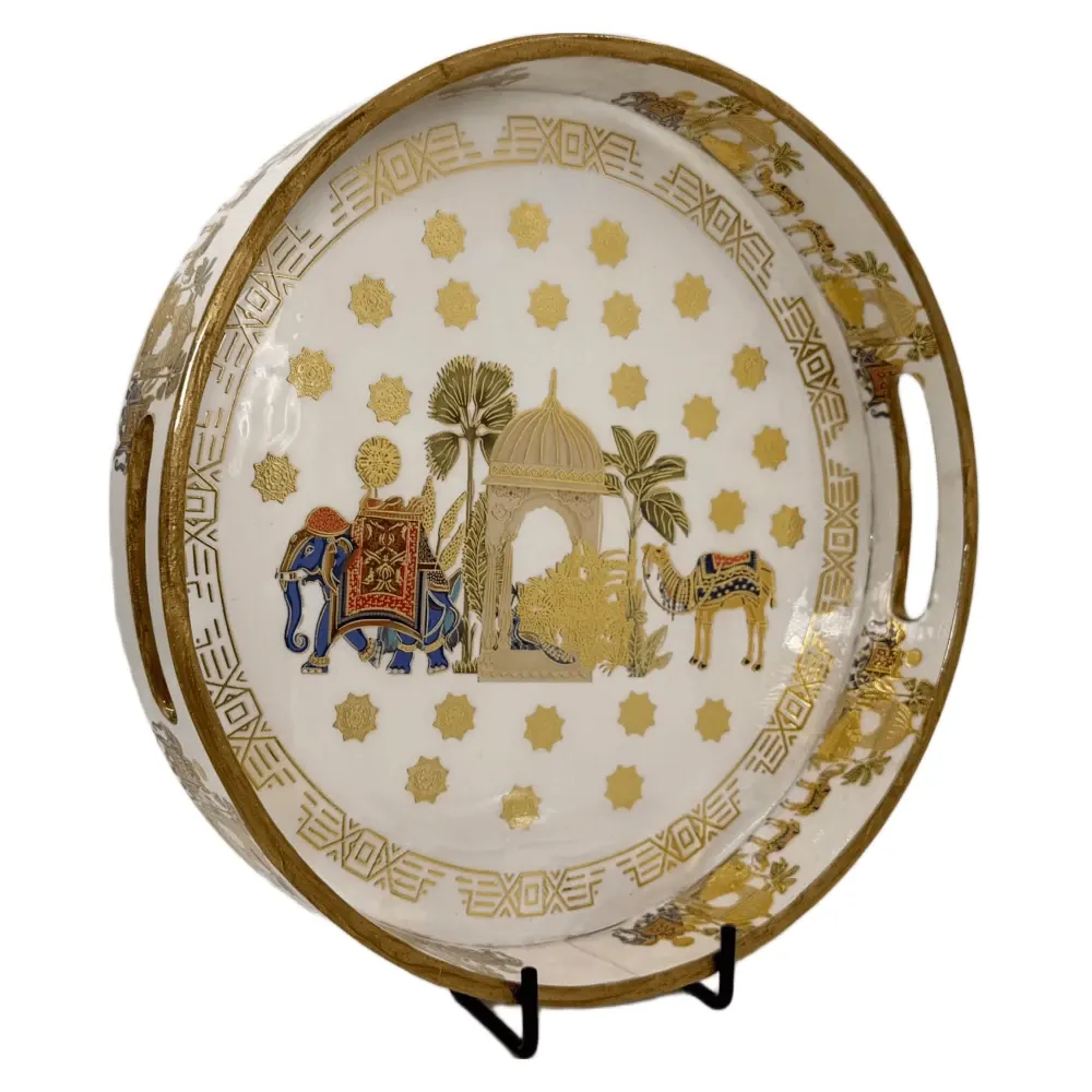 Premium 12 Inch Round Wooden Serving Tray with Handles | Printed Round Wooden Tray for Home & Snacks