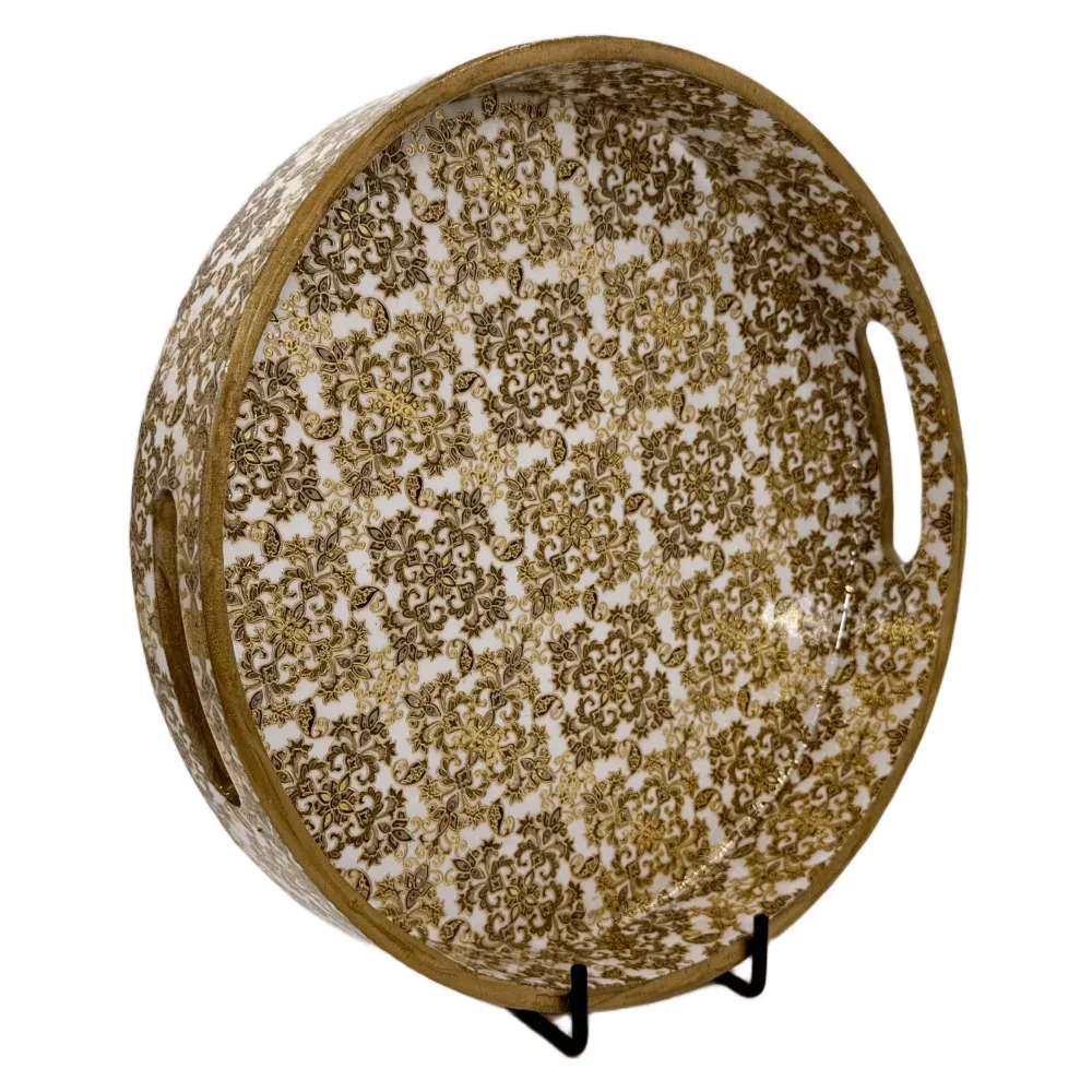 Premium 12 Inch Round Wooden Serving Tray with Handles | Printed Round Wooden Tray for Home & Snacks