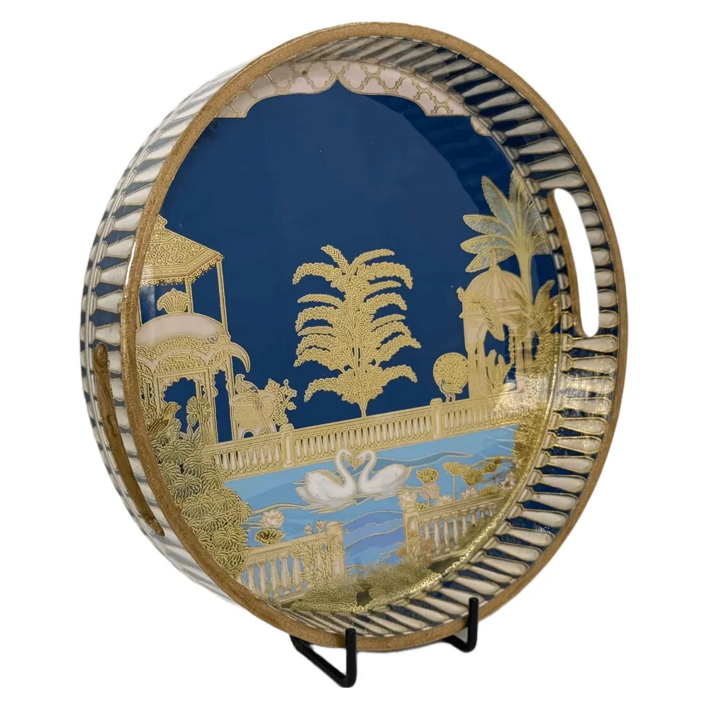 Premium 12 Inch Round Wooden Serving Tray with Handles | Printed Round Wooden Tray for Home & Snacks