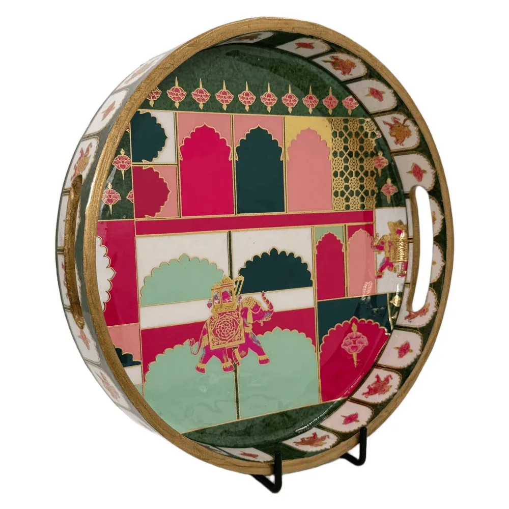 Premium 12 Inch Round Wooden Serving Tray with Handles | Printed Round Wooden Tray for Home & Snacks