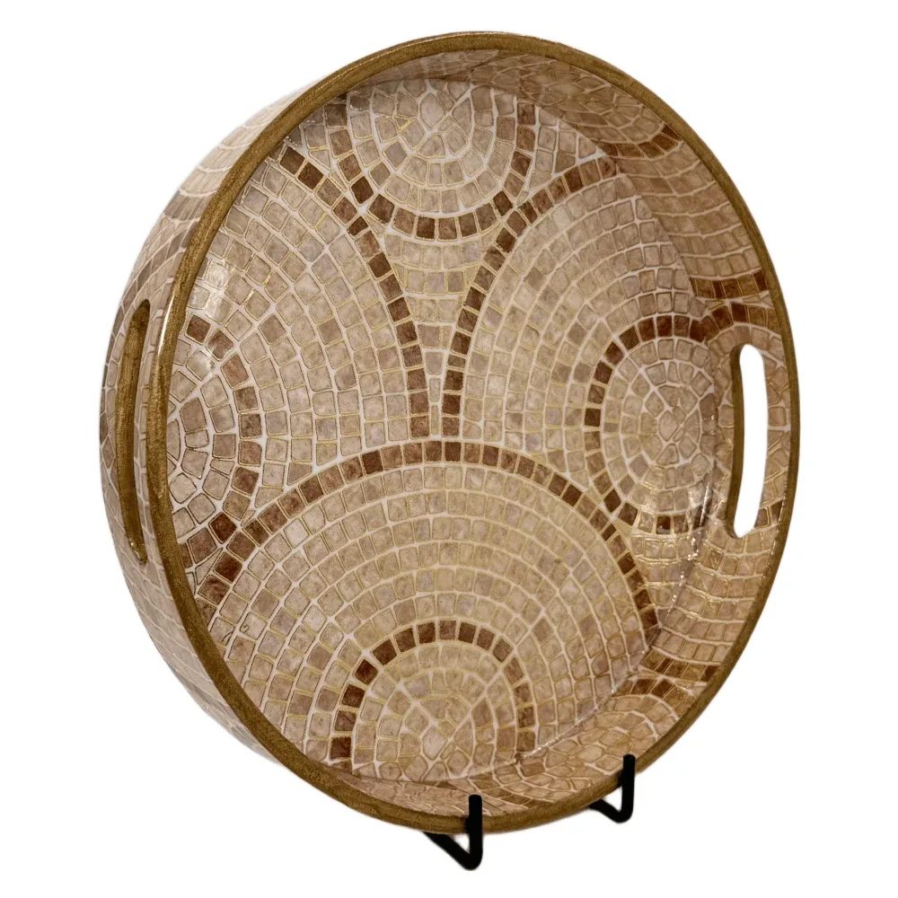 Premium 12 Inch Round Wooden Serving Tray with Handles | Printed Round Wooden Tray for Home & Snacks