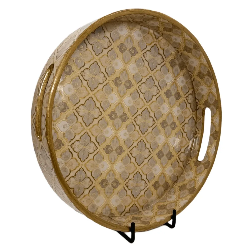 Premium 12 Inch Round Wooden Serving Tray with Handles | Printed Round Wooden Tray for Home & Snacks