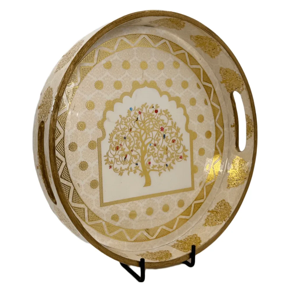 Premium 12 Inch Round Wooden Serving Tray with Handles | Printed Round Wooden Tray for Home & Snacks