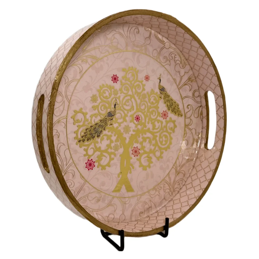 Premium 12 Inch Round Wooden Serving Tray with Handles | Printed Round Wooden Tray for Home & Snacks