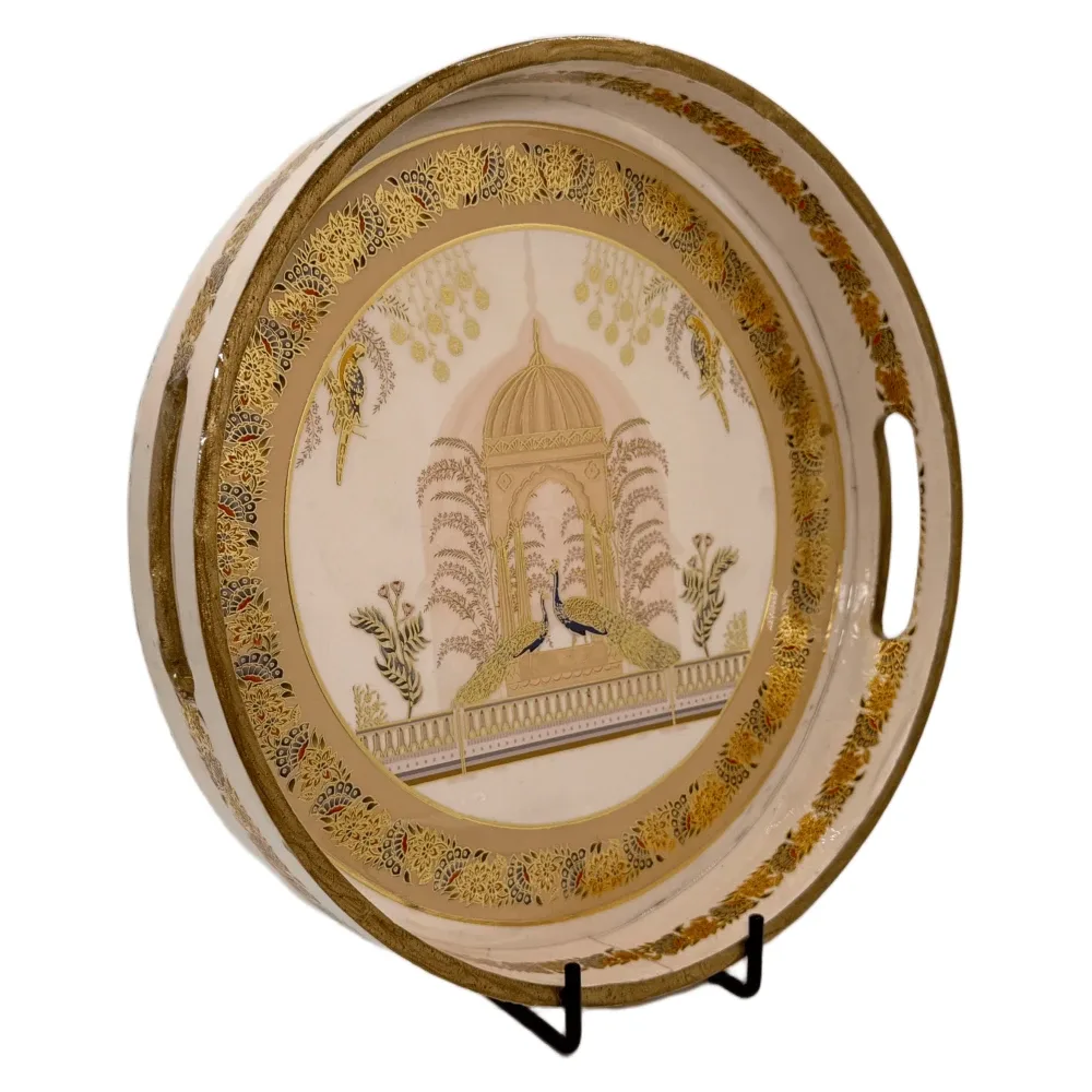 Premium 12 Inch Round Wooden Serving Tray with Handles | Printed Round Wooden Tray for Home & Snacks