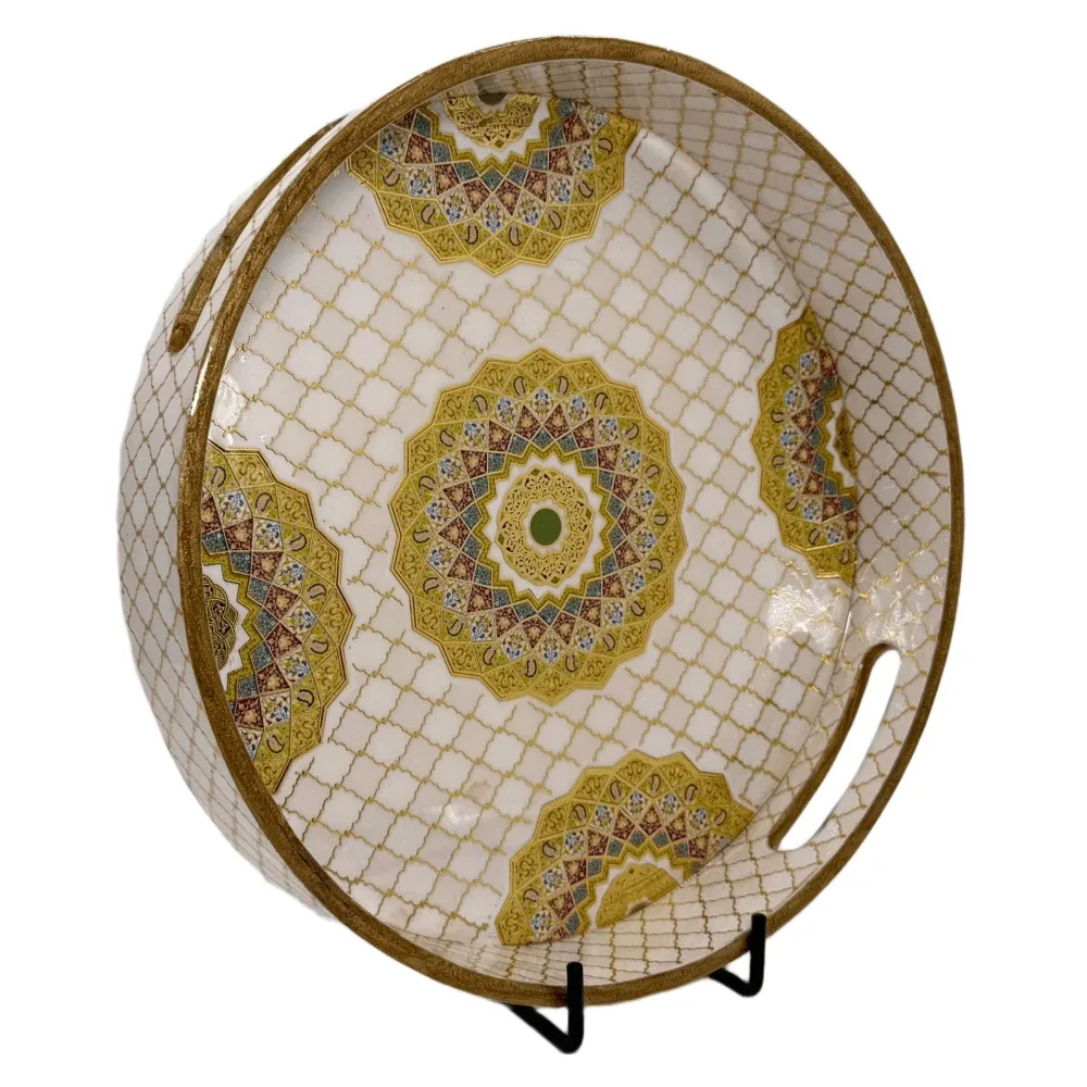 Premium 12 Inch Round Wooden Serving Tray with Handles | Printed Round Wooden Tray for Home & Snacks