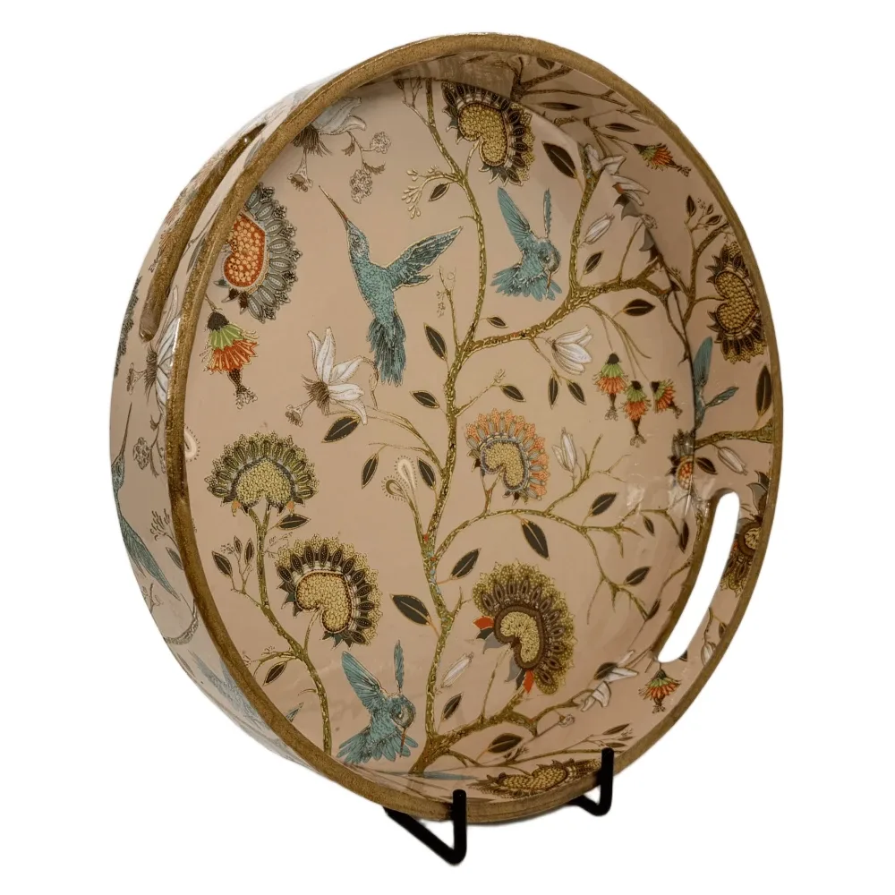 Premium 12 Inch Round Wooden Serving Tray with Handles | Printed Round Wooden Tray for Home & Snacks