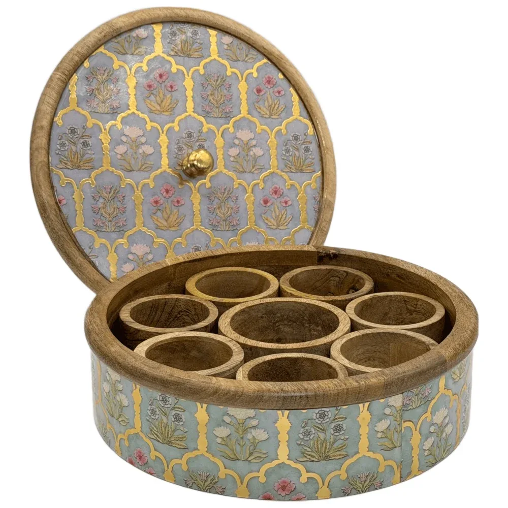 Traditional Wooden Spice Box for Kitchen | Handcrafted Floral Masala Box Organizer with Golden Knob