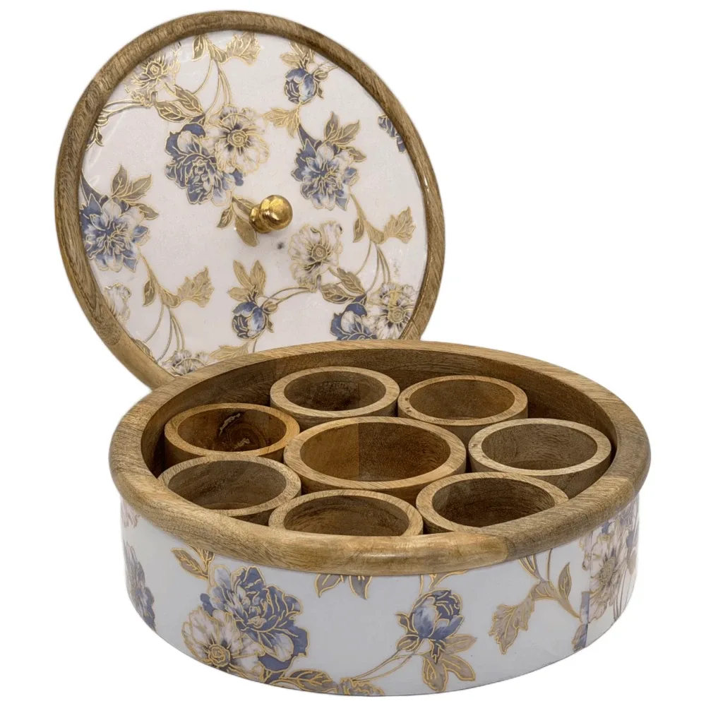 Traditional Wooden Spice Box for Kitchen | Handcrafted Floral Masala Box Organizer with Golden Knob