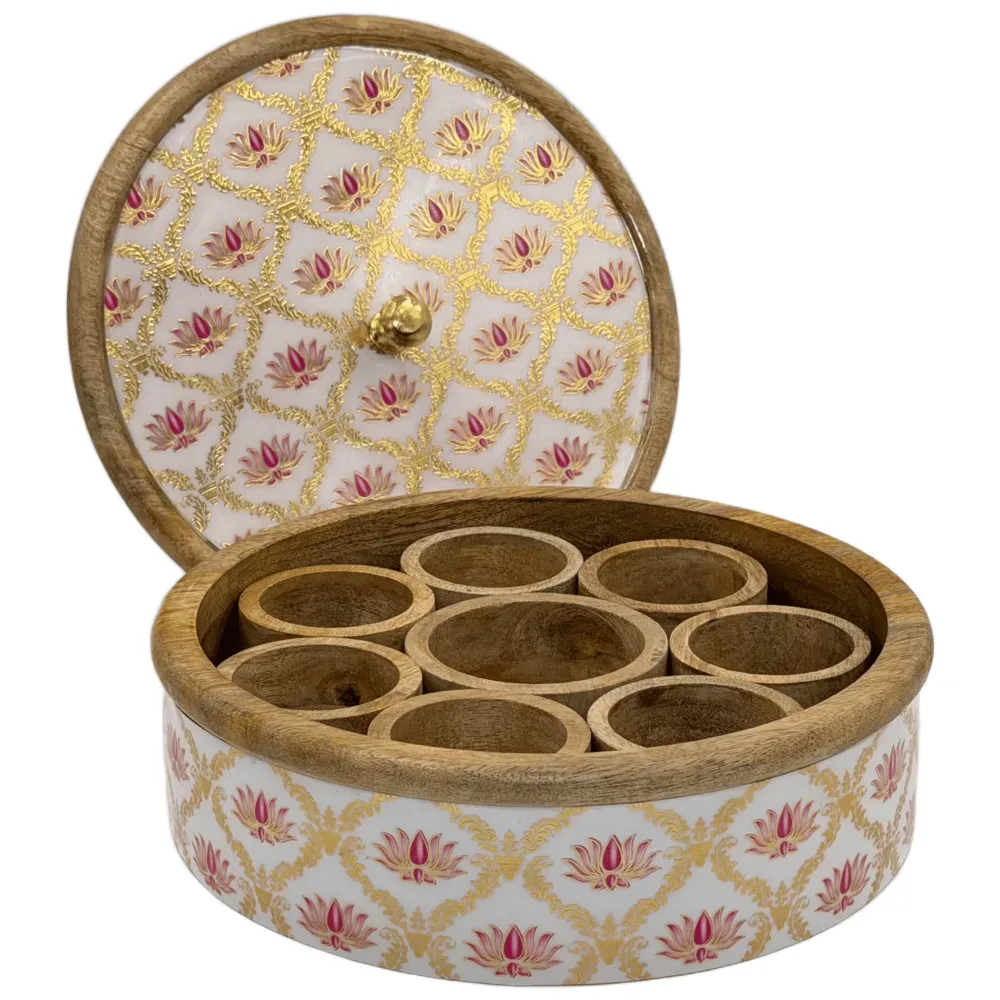 Traditional Wooden Spice Box for Kitchen | Handcrafted Floral Masala Box Organizer with Golden Knob