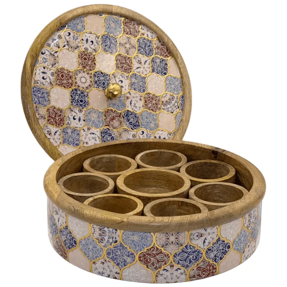 Traditional Wooden Spice Box for Kitchen | Handcrafted Floral Masala Box Organizer with Golden Knob