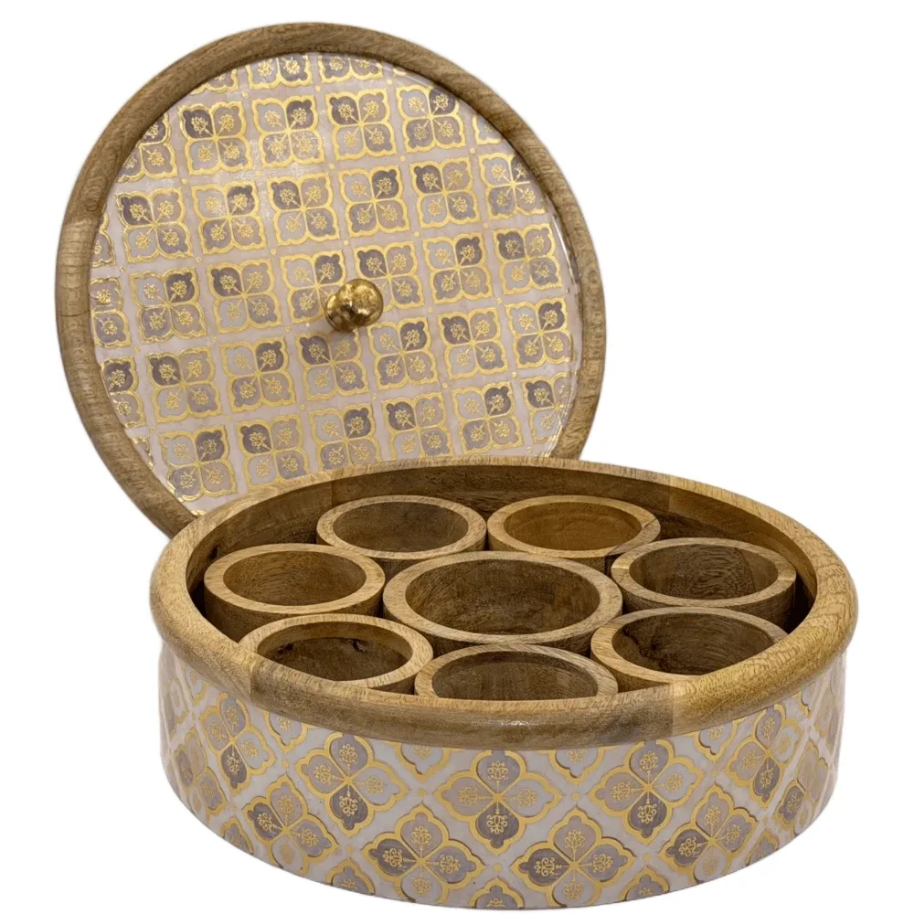 Traditional Wooden Spice Box for Kitchen | Handcrafted Floral Masala Box Organizer with Golden Knob