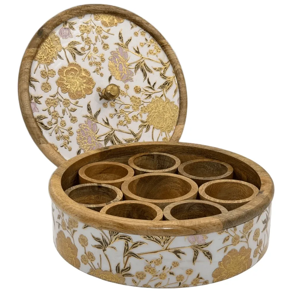 Traditional Wooden Spice Box for Kitchen | Handcrafted Floral Masala Box Organizer with Golden Knob