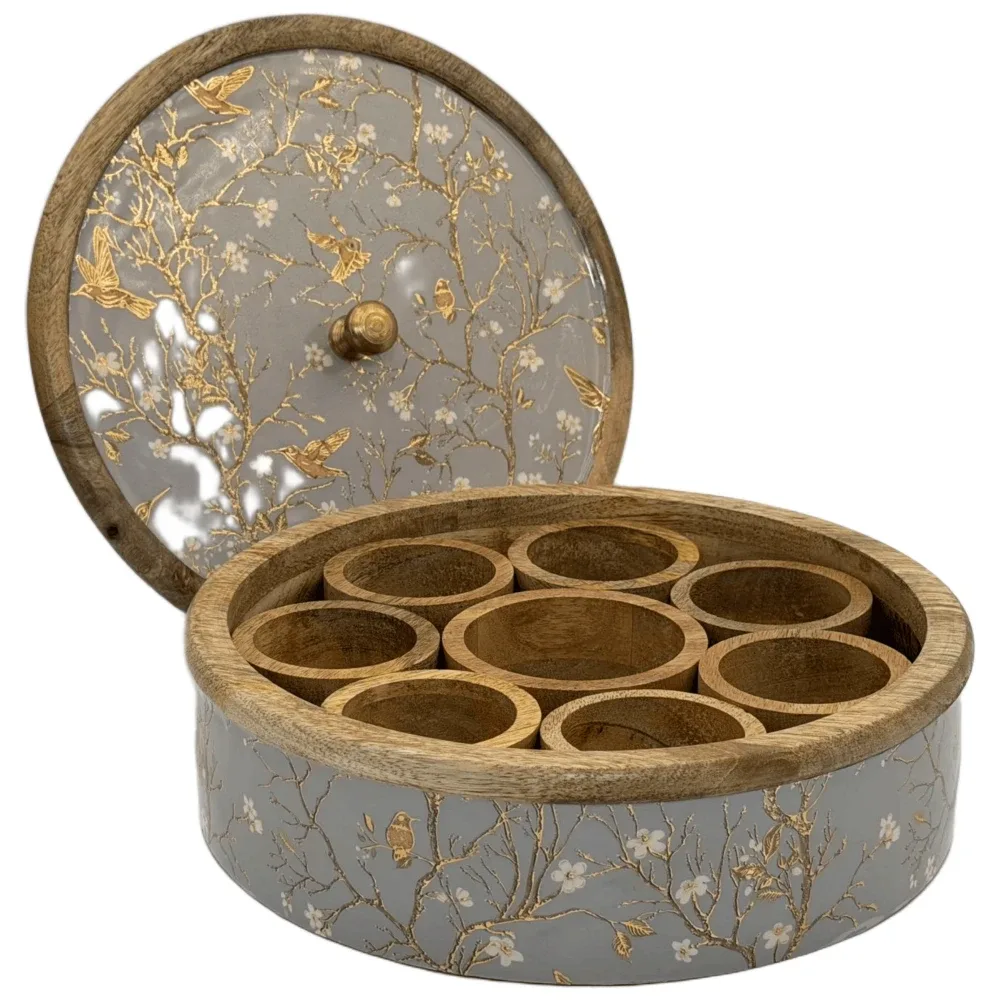 Traditional Wooden Spice Box for Kitchen | Handcrafted Floral Masala Box Organizer with Golden Knob