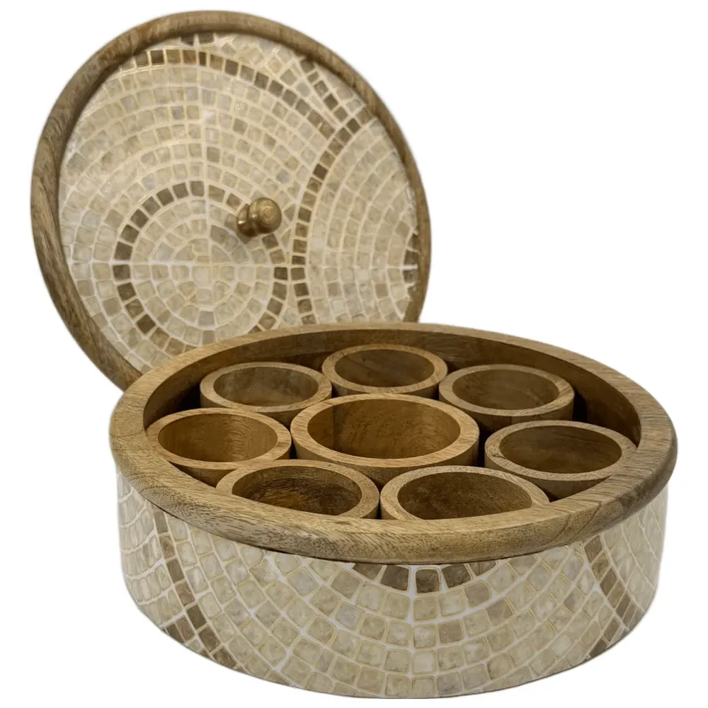 Traditional Wooden Spice Box for Kitchen | Handcrafted Floral Masala Box Organizer with Golden Knob