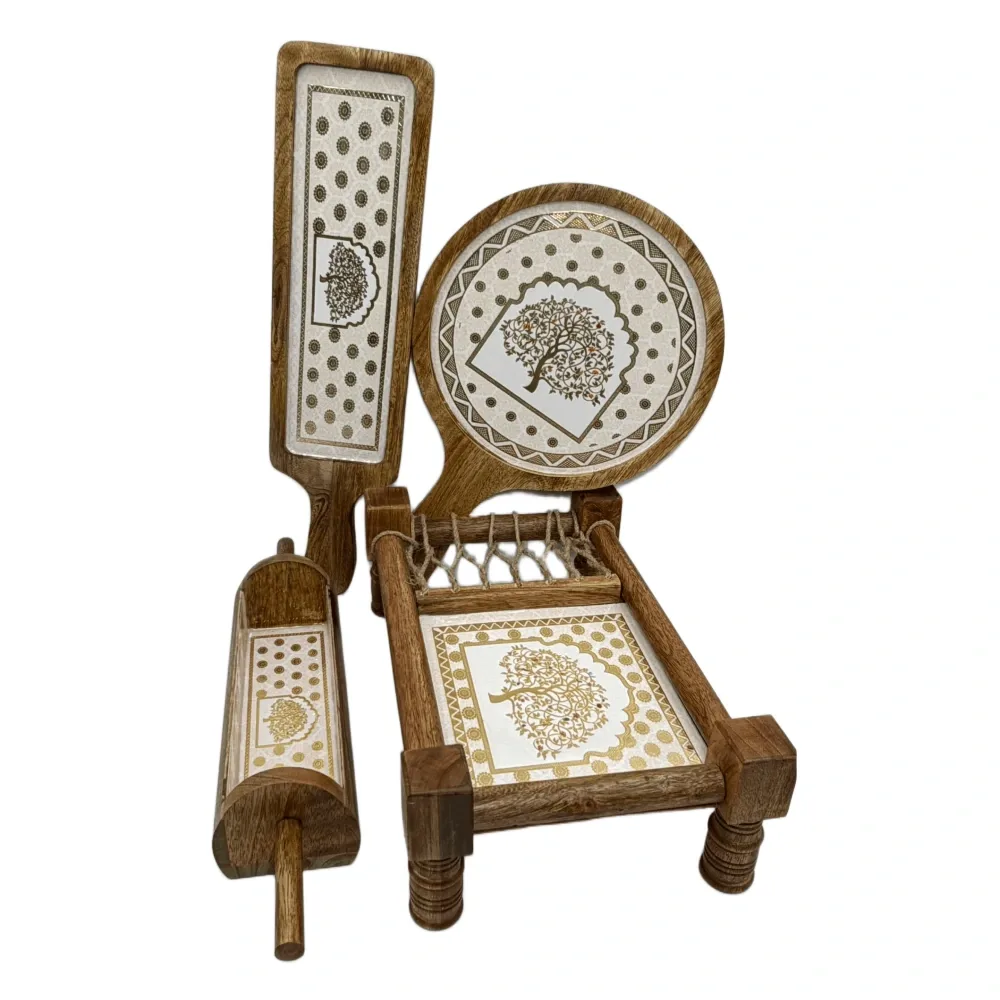 Premium 4-Piece Khatiya Serving Platter Set | Handmade Mango Wood Charpai Tray & Snack Serving Set with Mosaic Inlay