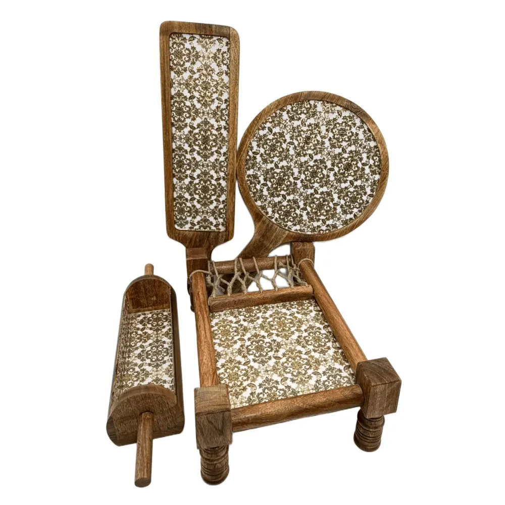 Premium 4-Piece Khatiya Serving Platter Set | Handmade Mango Wood Charpai Tray & Snack Serving Set with Mosaic Inlay