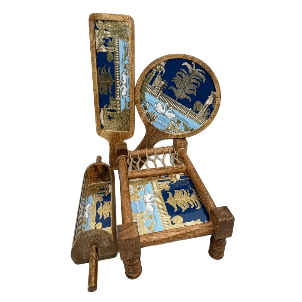 Premium 4-Piece Khatiya Serving Platter Set | Handmade Mango Wood Charpai Tray & Snack Serving Set with Mosaic Inlay