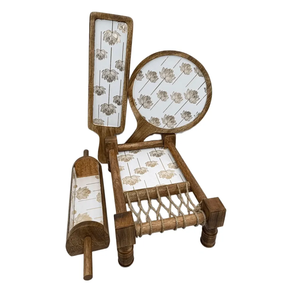 Premium 4-Piece Khatiya Serving Platter Set | Handmade Mango Wood Charpai Tray & Snack Serving Set with Mosaic Inlay