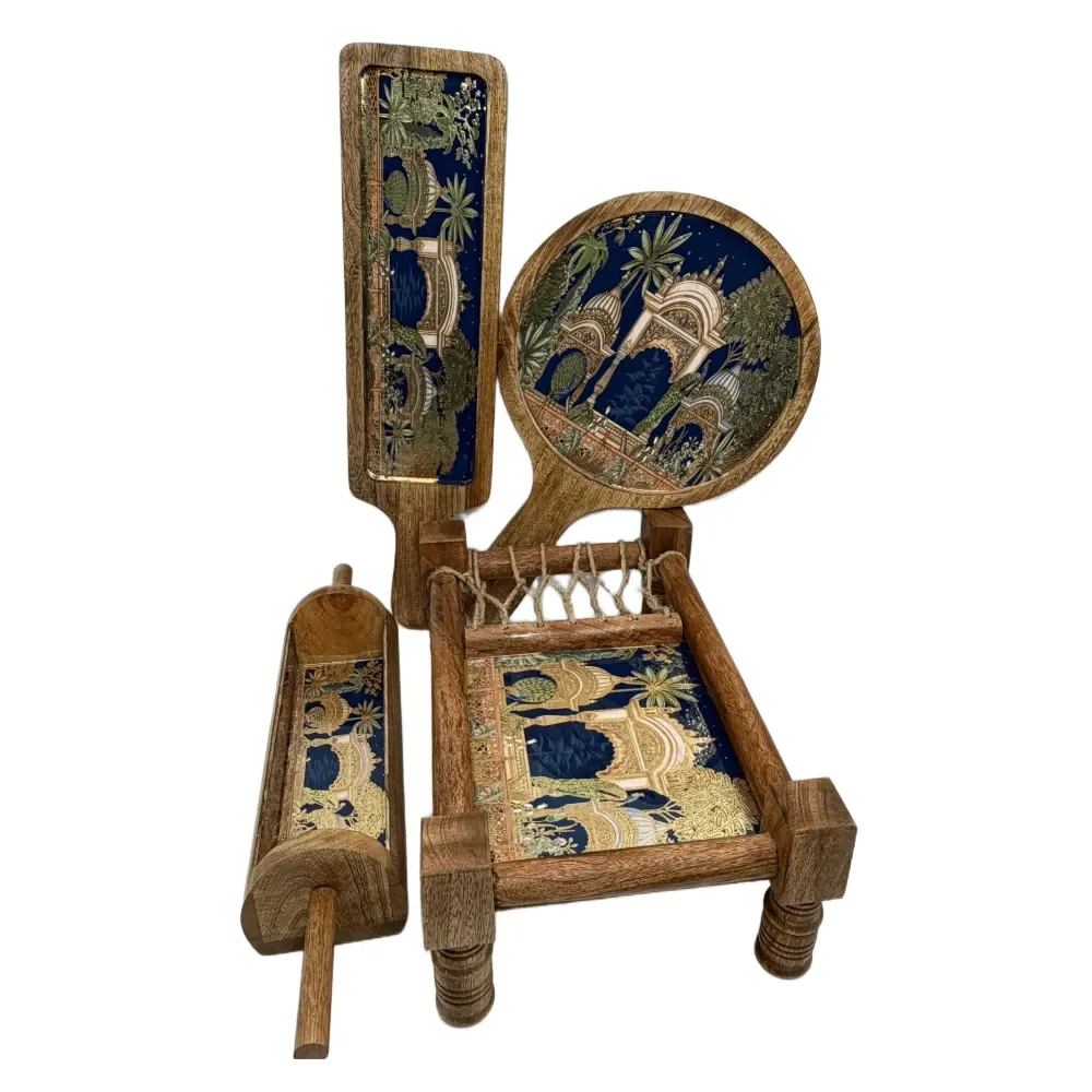 Premium 4-Piece Khatiya Serving Platter Set | Handmade Mango Wood Charpai Tray & Snack Serving Set with Mosaic Inlay