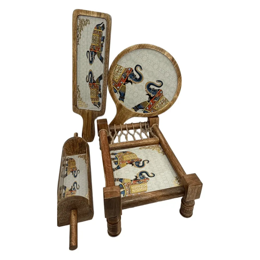 Premium 4-Piece Khatiya Serving Platter Set | Handmade Mango Wood Charpai Tray & Snack Serving Set with Mosaic Inlay