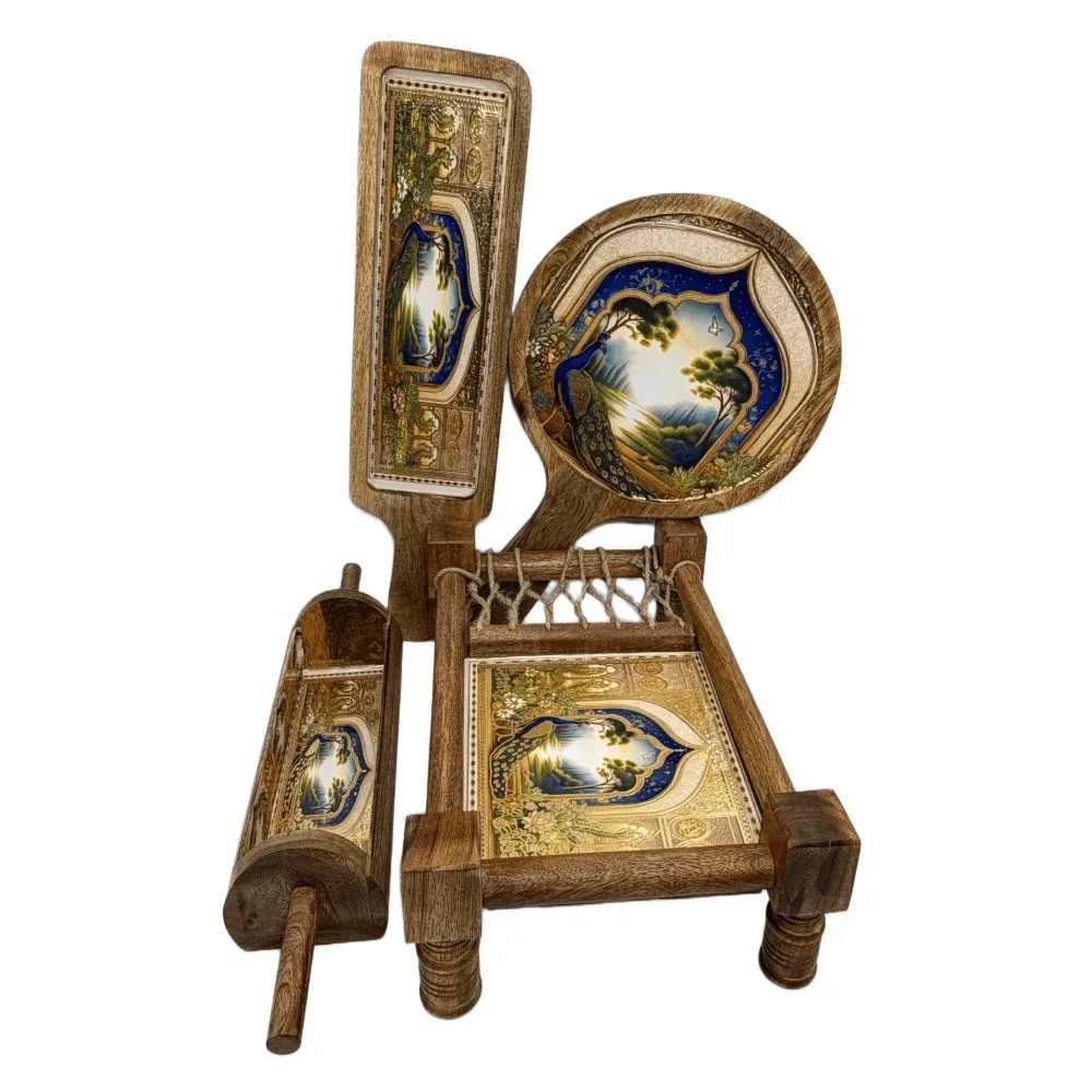 Premium 4-Piece Khatiya Serving Platter Set | Handmade Mango Wood Charpai Tray & Snack Serving Set with Mosaic Inlay
