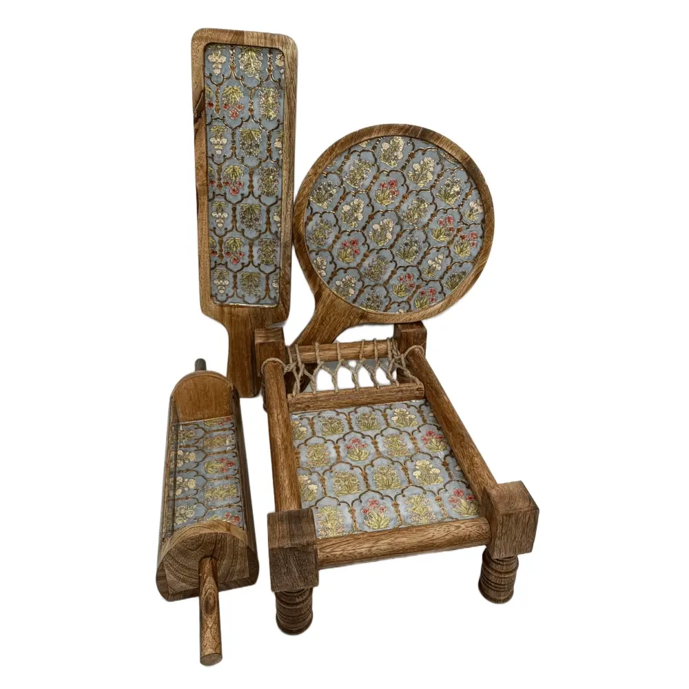 Premium 4-Piece Khatiya Serving Platter Set | Handmade Mango Wood Charpai Tray & Snack Serving Set with Mosaic Inlay