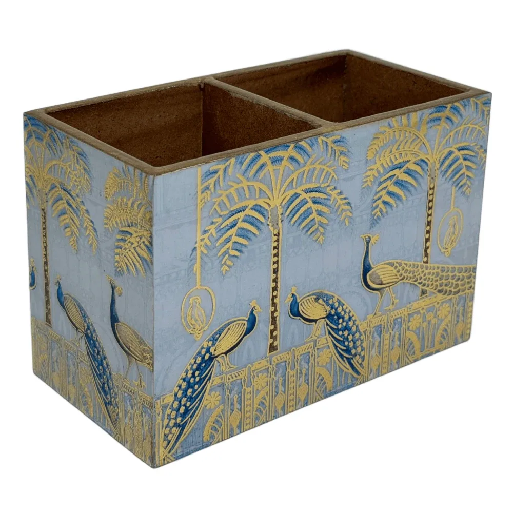Decorative Wooden Cutlery Holder with 2 Compartments | Indian Motif Kitchen & Dining Table Organizer