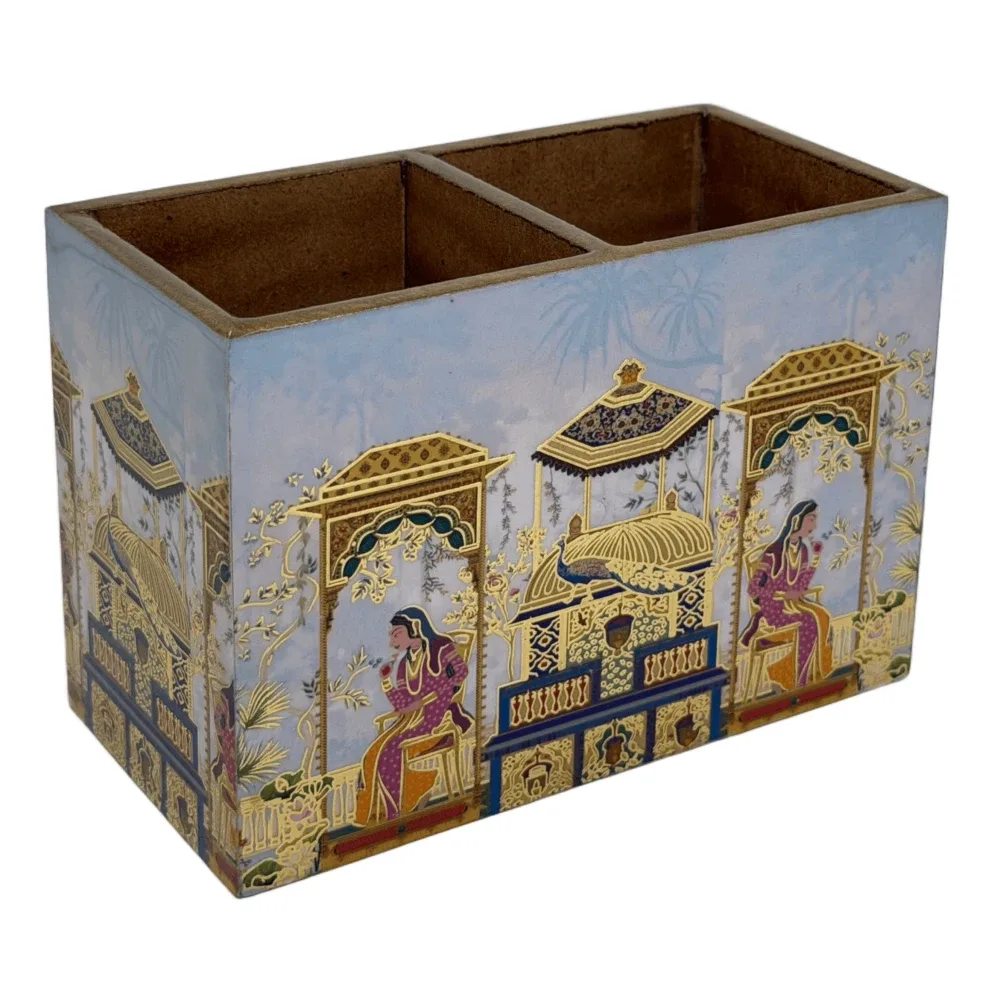 Decorative Wooden Cutlery Holder with 2 Compartments | Indian Motif Kitchen & Dining Table Organizer
