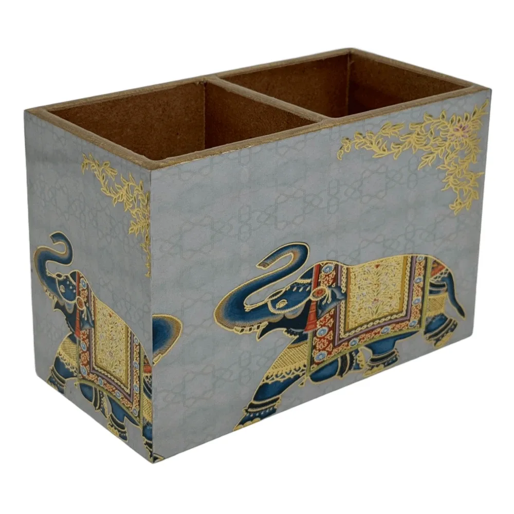 Decorative Wooden Cutlery Holder with 2 Compartments | Indian Motif Kitchen & Dining Table Organizer