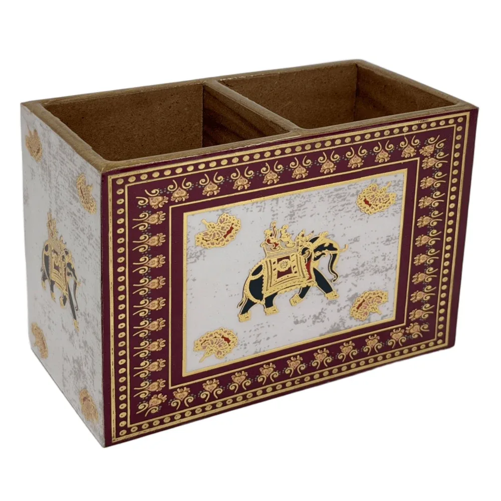 Decorative Wooden Cutlery Holder with 2 Compartments | Indian Motif Kitchen & Dining Table Organizer