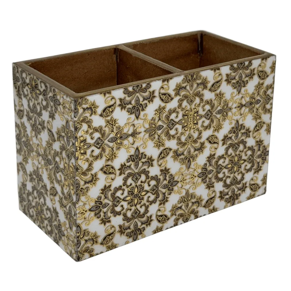 Decorative Wooden Cutlery Holder with 2 Compartments | Indian Motif Kitchen & Dining Table Organizer