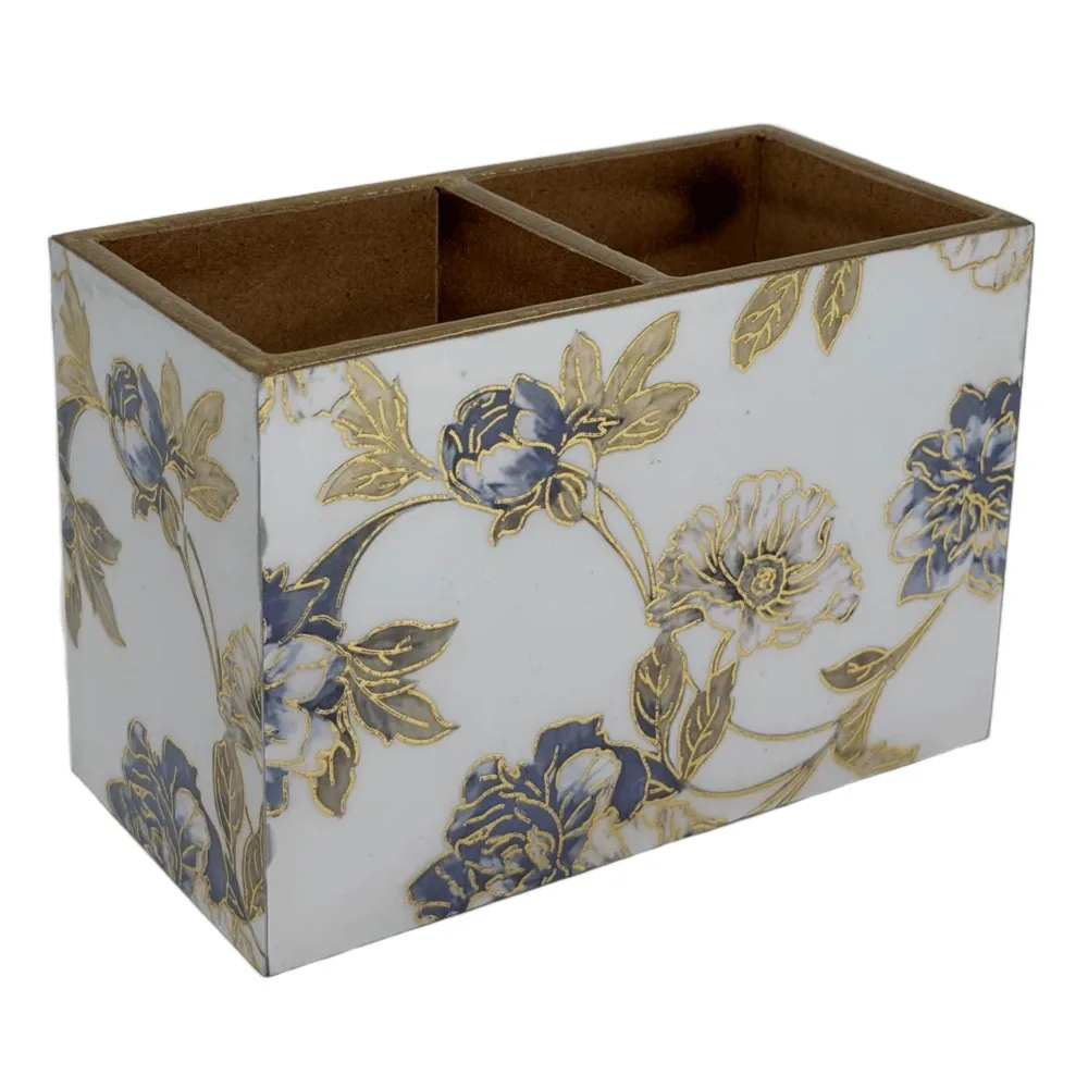 Decorative Wooden Cutlery Holder with 2 Compartments | Indian Motif Kitchen & Dining Table Organizer