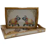 2 Pc Decorative Wooden Serving Tray Set (15mm HH) Rectangular Nesting Trays with Cutout Handles for Coffee Table, Dining, Serving & Home Décor - Image 1