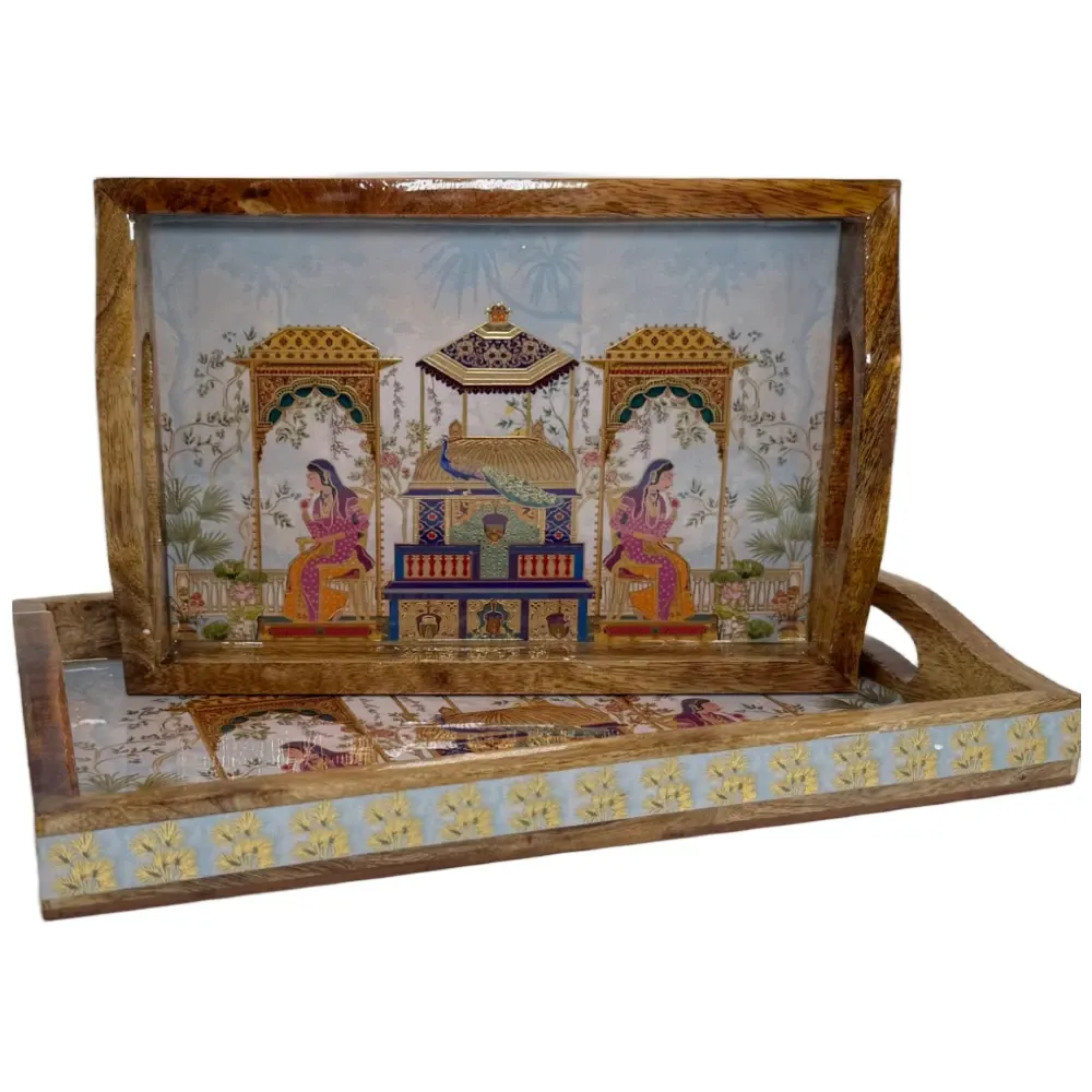 2 Pc Decorative Wooden Serving Tray Set (15mm HH) Rectangular Nesting Trays with Cutout Handles for Coffee Table, Dining, Serving & Home Décor