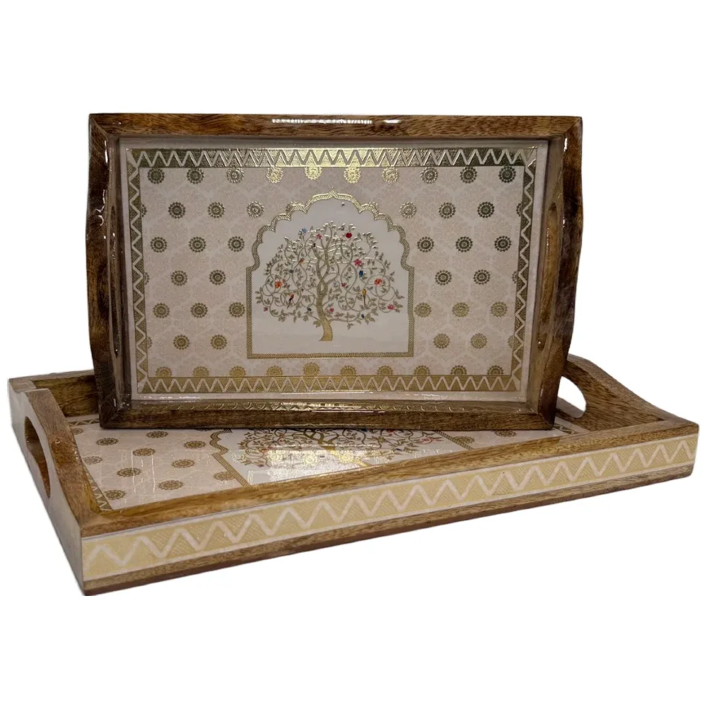 2 Pc Decorative Wooden Serving Tray Set (15mm HH) Rectangular Nesting Trays with Cutout Handles for Coffee Table, Dining, Serving & Home Décor