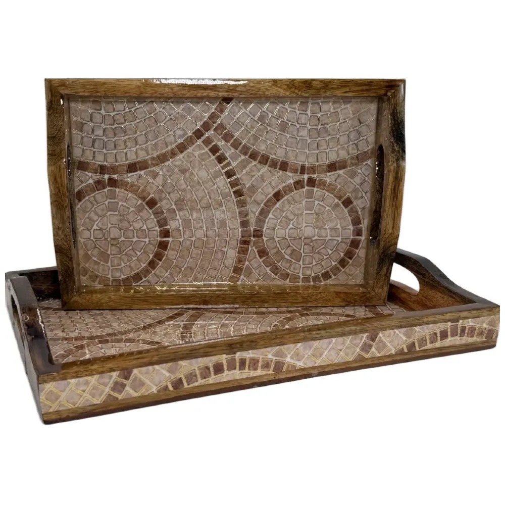 2 Pc Decorative Wooden Serving Tray Set (15mm HH) Rectangular Nesting Trays with Cutout Handles for Coffee Table, Dining, Serving & Home Décor