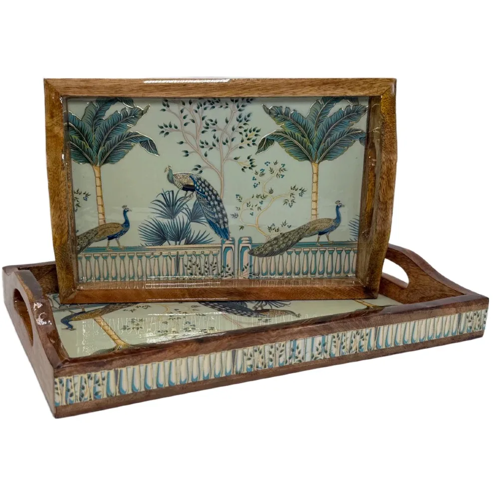 2 Pc Decorative Wooden Serving Tray Set (15mm HH) Rectangular Nesting Trays with Cutout Handles for Coffee Table, Dining, Serving & Home Décor