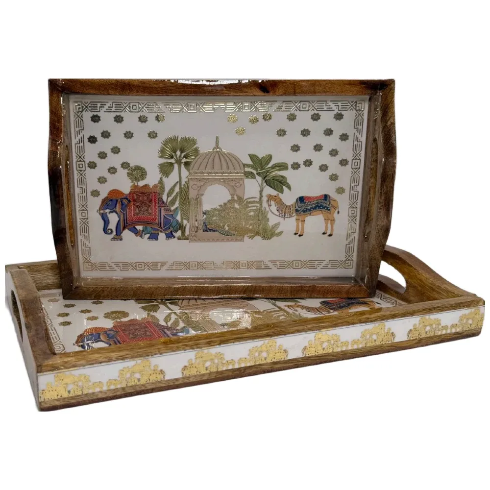 2 Pc Decorative Wooden Serving Tray Set (15mm HH) Rectangular Nesting Trays with Cutout Handles for Coffee Table, Dining, Serving & Home Décor