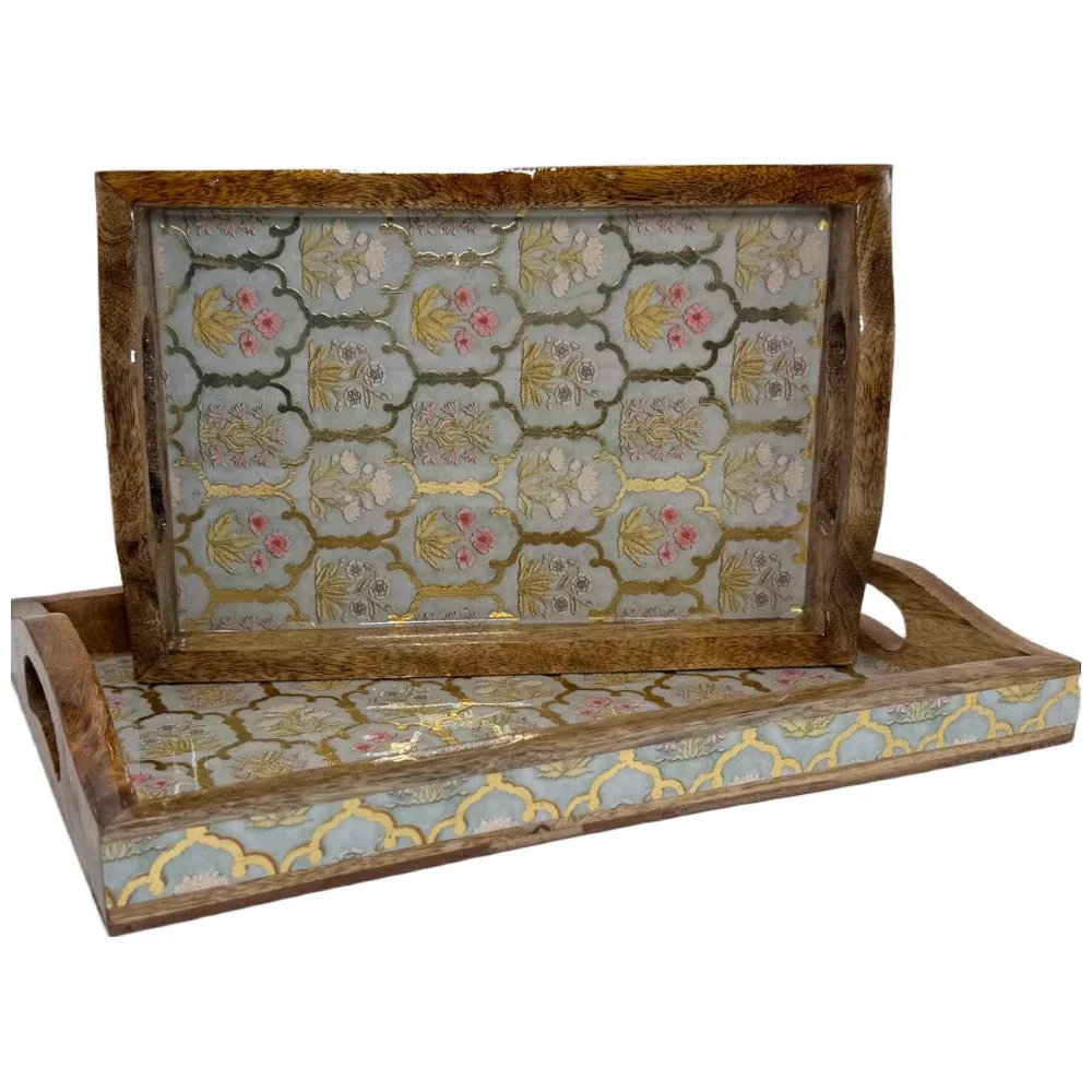 2 Pc Decorative Wooden Serving Tray Set (15mm HH) Rectangular Nesting Trays with Cutout Handles for Coffee Table, Dining, Serving & Home Décor