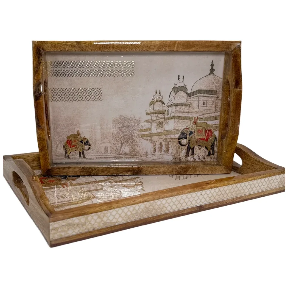 2 Pc Decorative Wooden Serving Tray Set (15mm HH) Rectangular Nesting Trays with Cutout Handles for Coffee Table, Dining, Serving & Home Décor