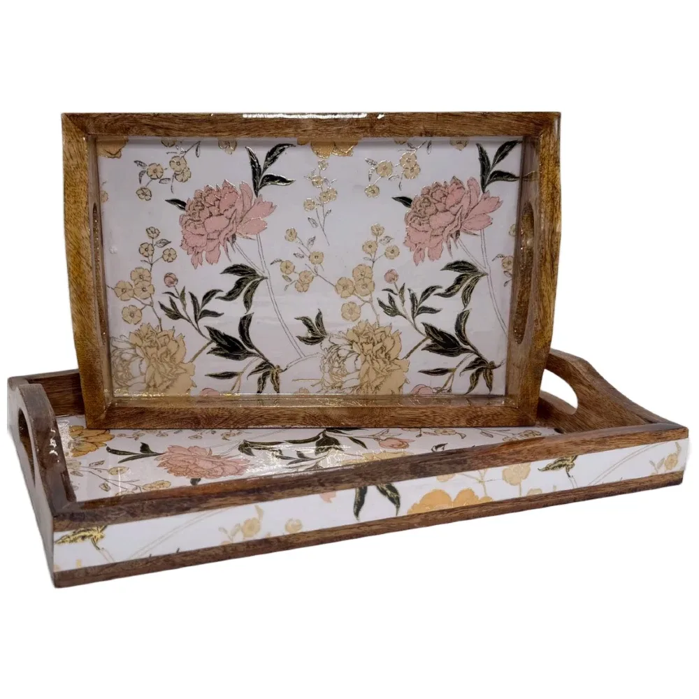 2 Pc Decorative Wooden Serving Tray Set (15mm HH) Rectangular Nesting Trays with Cutout Handles for Coffee Table, Dining, Serving & Home Décor