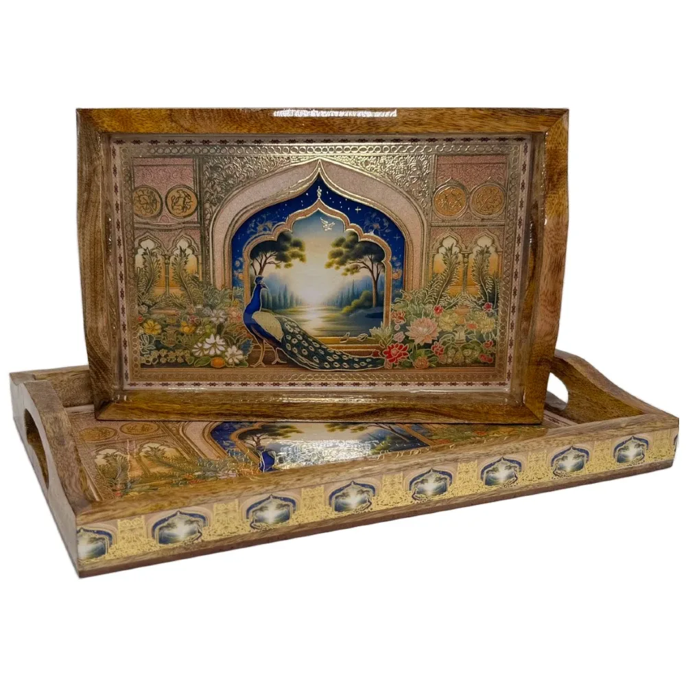 2 Pc Decorative Wooden Serving Tray Set (15mm HH) Rectangular Nesting Trays with Cutout Handles for Coffee Table, Dining, Serving & Home Décor