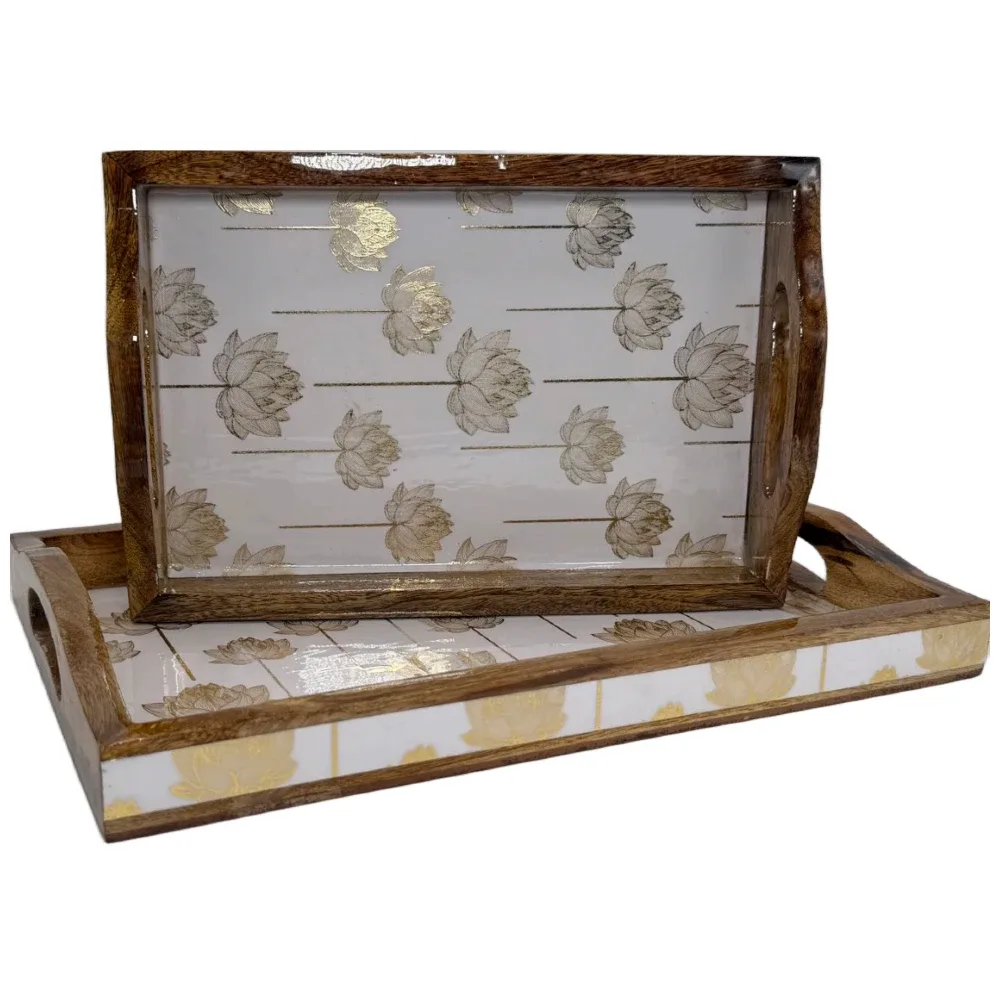 2 Pc Decorative Wooden Serving Tray Set (15mm HH) Rectangular Nesting Trays with Cutout Handles for Coffee Table, Dining, Serving & Home Décor