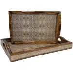2 Pc Decorative Wooden Serving Tray Set (15mm HH) Rectangular Nesting Trays with Cutout Handles for Coffee Table, Dining, Serving & Home Décor - Image 17