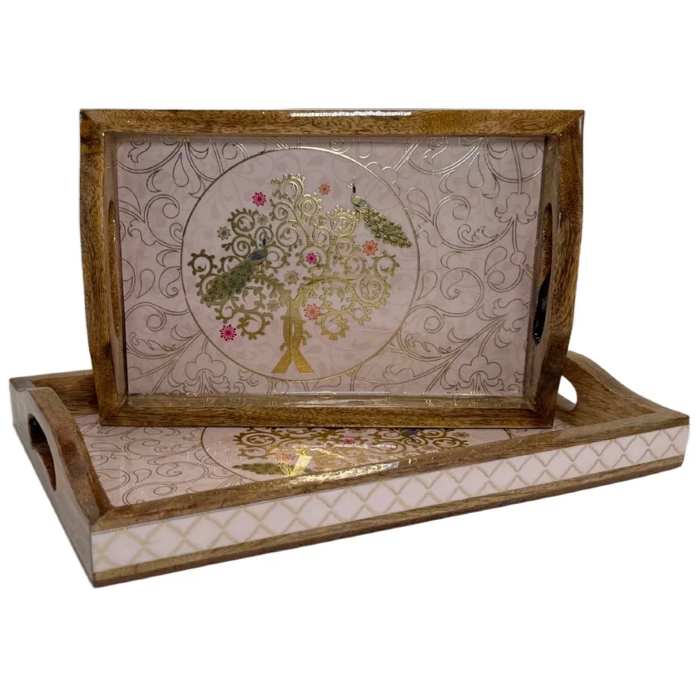 2 Pc Decorative Wooden Serving Tray Set (15mm HH) Rectangular Nesting Trays with Cutout Handles for Coffee Table, Dining, Serving & Home Décor