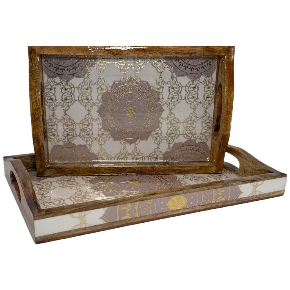 2 Pc Decorative Wooden Serving Tray Set (15mm HH) Rectangular Nesting Trays with Cutout Handles for Coffee Table, Dining, Serving & Home Décor