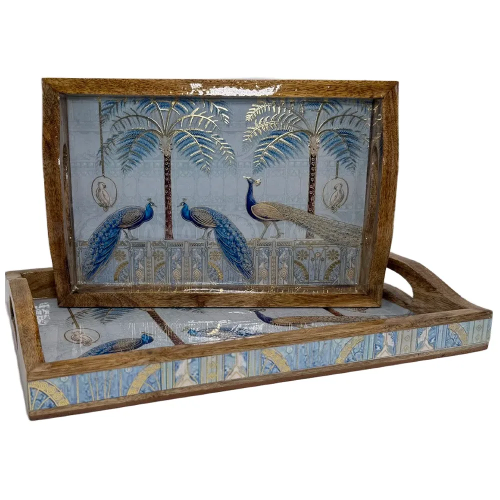 2 Pc Decorative Wooden Serving Tray Set (15mm HH) Rectangular Nesting Trays with Cutout Handles for Coffee Table, Dining, Serving & Home Décor